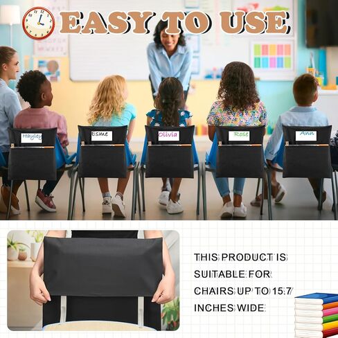 Sanwuta 48 Pack Chair Pockets for Classroom - Book Organizer for Chairback with Name Tag Slot for Kindergarten Primary School Students & Home School Use (15 x 16 Inch,Black) in Saudi Arabia