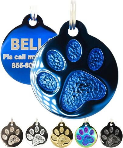 Engraved Pet Tag for Dogs and Cats - Personalized Front & Back up to 8 Lines of Text Custom Engraved ID, Round Paw Print Solid Plating Stainless Steel in 5 colors: Gold, Rose Gold, Blue, Black, Nebula in Saudi Arabia