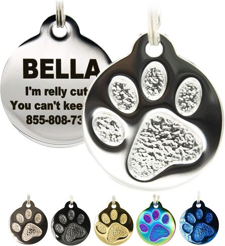 Engraved Pet Tag for Dogs and Cats - Personalized Front & Back up to 8 Lines of Text Custom Engraved ID, Round Paw Print Solid Plating Stainless Steel in 5 colors: Gold, Rose Gold, Blue, Black, Nebula in Saudi Arabia