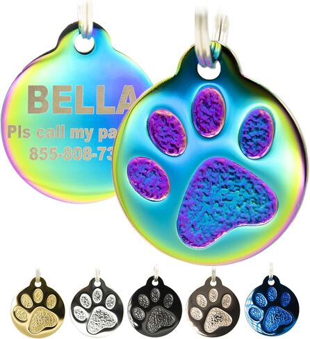 Engraved Pet Tag for Dogs and Cats - Personalized Front & Back up to 8 Lines of Text Custom Engraved ID, Round Paw Print Solid Plating Stainless Steel in 5 colors: Gold, Rose Gold, Blue, Black, Nebula in Saudi Arabia