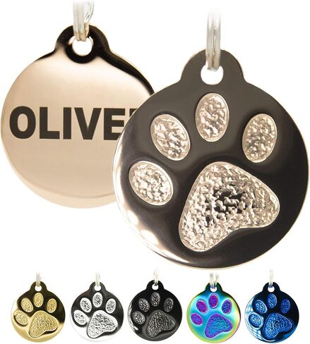 Engraved Pet Tag for Dogs and Cats - Personalized Front & Back up to 8 Lines of Text Custom Engraved ID, Round Paw Print Solid Plating Stainless Steel in 5 colors: Gold, Rose Gold, Blue, Black, Nebula in Saudi Arabia