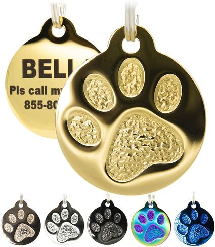 Engraved Pet Tag for Dogs and Cats - Personalized Front & Back up to 8 Lines of Text Custom Engraved ID, Round Paw Print Solid Plating Stainless Steel in 5 colors: Gold, Rose Gold, Blue, Black, Nebula in Saudi Arabia