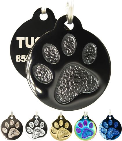 Engraved Pet Tag for Dogs and Cats - Personalized Front & Back up to 8 Lines of Text Custom Engraved ID, Round Paw Print Solid Plating Stainless Steel in 5 colors: Gold, Rose Gold, Blue, Black, Nebula in Saudi Arabia