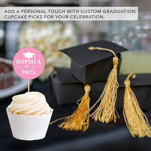 ANDAZ Press Personalized Cupcake Cupcake Toppers مع صورة مخصصة ، اسم ، يختار الكب كيك ديكور مع سنة فئة CAP ، ديكورات التخرج 2025 ، فئة 2025 ديكورات ، حملة 20 بوصة ، 2 بوصة in Saudi Arabia