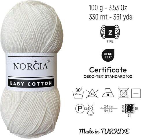 Baby Cotton, 55% Cotton 45% Acrylic Yarn, Fine/Sport (2) for Crochet and Knitting, Soft Amigurumi Yarn, 100 gr (361 yds) in Saudi Arabia