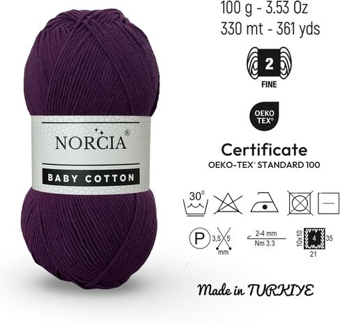 Baby Cotton, 55% Cotton 45% Acrylic Yarn, Fine/Sport (2) for Crochet and Knitting, Soft Amigurumi Yarn, 100 gr (361 yds) in Saudi Arabia