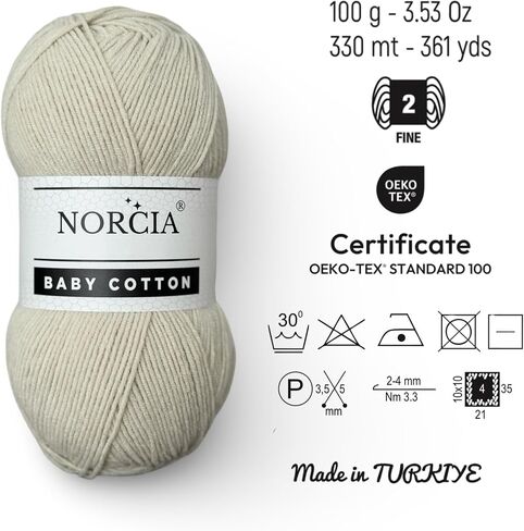 Baby Cotton, 55% Cotton 45% Acrylic Yarn, Fine/Sport (2) for Crochet and Knitting, Soft Amigurumi Yarn, 100 gr (361 yds) in Saudi Arabia