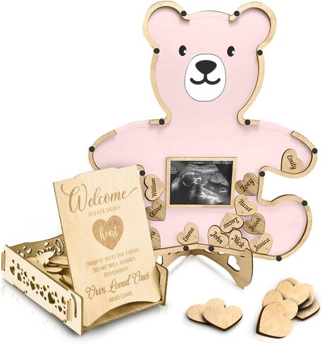 Teddy Bear Guest Book Frame Keepsake for Baby Shower - Gender Reveal - Birthday - Large Premium Wood Shadow Box Display - Unique Gift Idea - Personal Nursery Decor - Ultrasound Frame - We Can Bearly Wait Theme - Includes Wooden Heart Tokens - Display Box  in Saudi Arabia