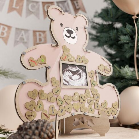 Teddy Bear Guest Book Frame Keepsake for Baby Shower - Gender Reveal - Birthday - Large Premium Wood Shadow Box Display - Unique Gift Idea - Personal Nursery Decor - Ultrasound Frame - We Can Bearly Wait Theme - Includes Wooden Heart Tokens - Display Box  in Saudi Arabia