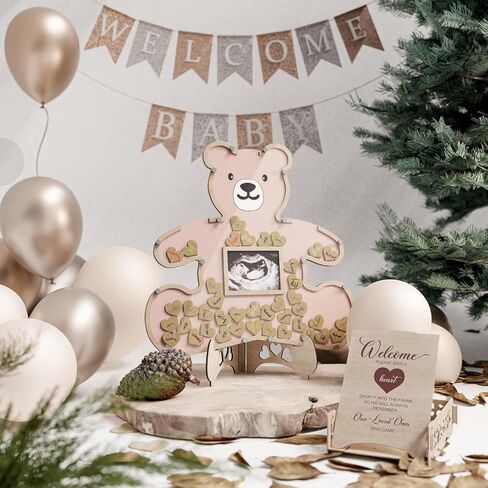 Teddy Bear Guest Book Frame Keepsake for Baby Shower - Gender Reveal - Birthday - Large Premium Wood Shadow Box Display - Unique Gift Idea - Personal Nursery Decor - Ultrasound Frame - We Can Bearly Wait Theme - Includes Wooden Heart Tokens - Display Box  in Saudi Arabia