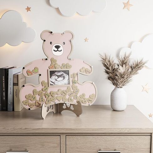 Teddy Bear Guest Book Frame Keepsake for Baby Shower - Gender Reveal - Birthday - Large Premium Wood Shadow Box Display - Unique Gift Idea - Personal Nursery Decor - Ultrasound Frame - We Can Bearly Wait Theme - Includes Wooden Heart Tokens - Display Box  in Saudi Arabia