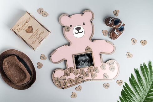 Teddy Bear Guest Book Frame Keepsake for Baby Shower - Gender Reveal - Birthday - Large Premium Wood Shadow Box Display - Unique Gift Idea - Personal Nursery Decor - Ultrasound Frame - We Can Bearly Wait Theme - Includes Wooden Heart Tokens - Display Box  in Saudi Arabia