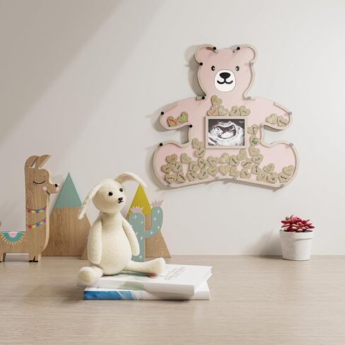 Teddy Bear Guest Book Frame Keepsake for Baby Shower - Gender Reveal - Birthday - Large Premium Wood Shadow Box Display - Unique Gift Idea - Personal Nursery Decor - Ultrasound Frame - We Can Bearly Wait Theme - Includes Wooden Heart Tokens - Display Box  in Saudi Arabia