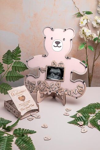 Teddy Bear Guest Book Frame Keepsake for Baby Shower - Gender Reveal - Birthday - Large Premium Wood Shadow Box Display - Unique Gift Idea - Personal Nursery Decor - Ultrasound Frame - We Can Bearly Wait Theme - Includes Wooden Heart Tokens - Display Box  in Saudi Arabia