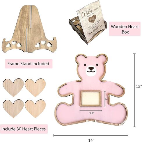 Teddy Bear Guest Book Frame Keepsake for Baby Shower - Gender Reveal - Birthday - Large Premium Wood Shadow Box Display - Unique Gift Idea - Personal Nursery Decor - Ultrasound Frame - We Can Bearly Wait Theme - Includes Wooden Heart Tokens - Display Box  in Saudi Arabia