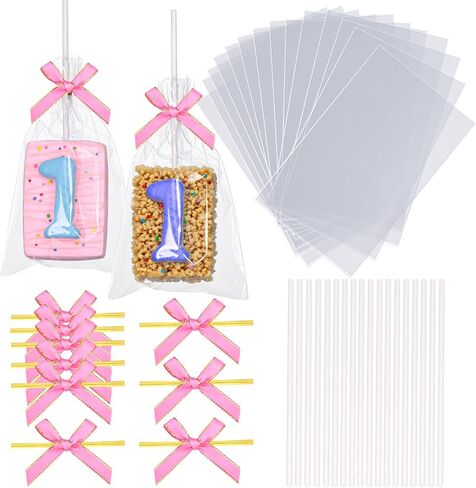50pcs 4x6Inches Clear Rice Krispie Treat Bags with Sticks and Ties Bows Rice Kit Cakesicle Bags Individually Wrapped Packaging for Marshmallow Mcaron Pop Candy Apple Cookies Cake Ore Pop in Saudi Arabia