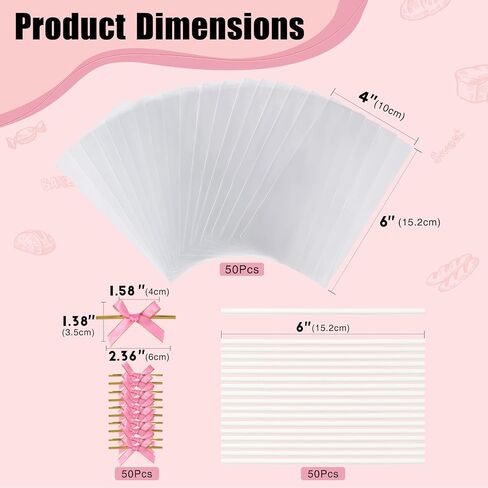 50pcs 4x6Inches Clear Rice Krispie Treat Bags with Sticks and Ties Bows Rice Kit Cakesicle Bags Individually Wrapped Packaging for Marshmallow Mcaron Pop Candy Apple Cookies Cake Ore Pop in Saudi Arabia