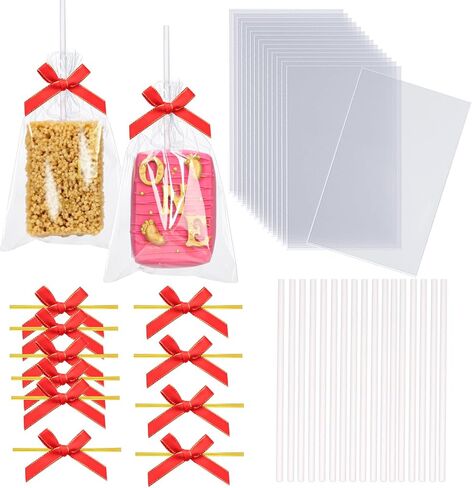 50pcs 4x6Inches Clear Rice Krispie Treat Bags with Sticks and Ties Bows Rice Kit Cakesicle Bags Individually Wrapped Packaging for Marshmallow Mcaron Pop Candy Apple Cookies Cake Ore Pop in Saudi Arabia
