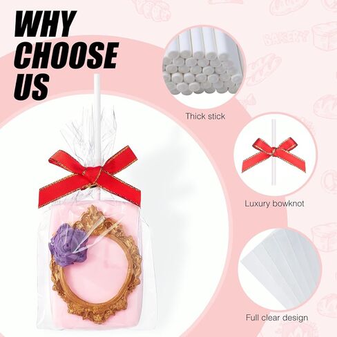 50pcs 4x6Inches Clear Rice Krispie Treat Bags with Sticks and Ties Bows Rice Kit Cakesicle Bags Individually Wrapped Packaging for Marshmallow Mcaron Pop Candy Apple Cookies Cake Ore Pop in Saudi Arabia