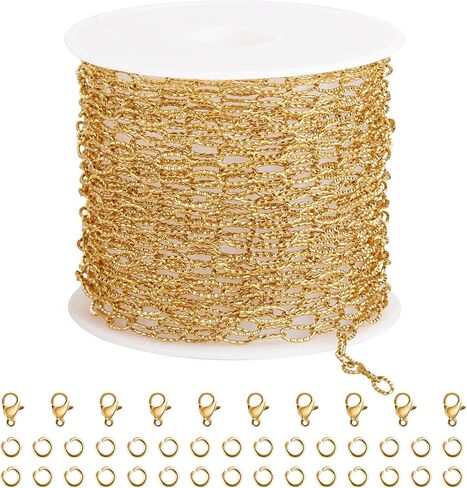 SMYHTGLIF 16.4 Feet Gold Stainless Steel Jewelry Making Chains Oval Embossed Chain Bulk DIY Paperclip Chain with Lobster Clasps and Jump Rings for Jewelry Making in Saudi Arabia