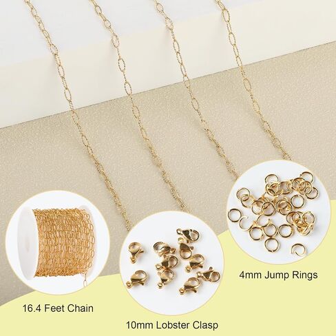 SMYHTGLIF 16.4 Feet Gold Stainless Steel Jewelry Making Chains Oval Embossed Chain Bulk DIY Paperclip Chain with Lobster Clasps and Jump Rings for Jewelry Making in Saudi Arabia