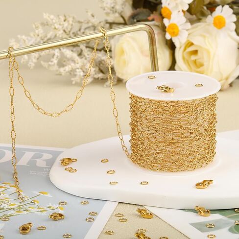 SMYHTGLIF 16.4 Feet Gold Stainless Steel Jewelry Making Chains Oval Embossed Chain Bulk DIY Paperclip Chain with Lobster Clasps and Jump Rings for Jewelry Making in Saudi Arabia