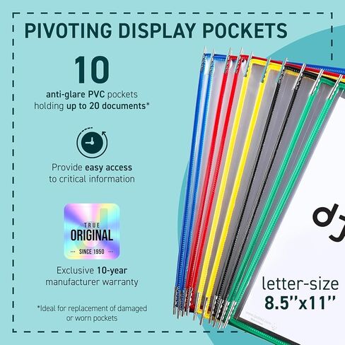 Tarifold DJOIS Pivoting Pockets for Wall or Desk Systems - Durable Anti-Glare Material - Letter-Size - 10 Pockets - 20 Sheet Capacity - Wire-Reinforced - Made in France - Assorted Colors in Saudi Arabia
