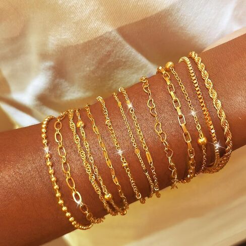 13 حزمة مساور سلسلة مطلية بالفضة ، سلاسل رابط فضية مع مشابك جراد البحر لصنع المجوهرات DIY ، الأساور ذات الطبقات القابلة للتكديس مجموعة هدية مجوهرات كل يوم لذيذ للنساء in Kuwait