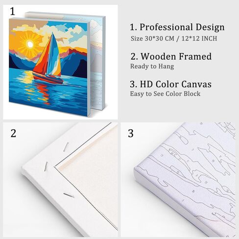 Natuyalo Colorful Sailboat Paint by Numbers Kits for Adults Beginners Framed - Sunset Landscape Paint by Number for Adults with Frame, Easy Canvas Painting for Wall Decoration 12x12 Inch in Saudi Arabia