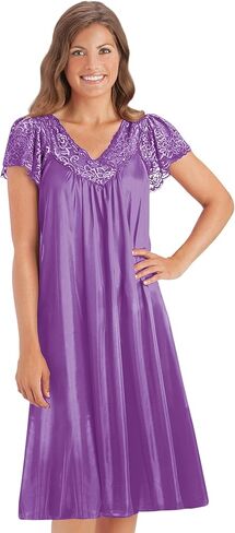 Collections Etc Women's Silky Lace Trim V-Neckline Knee-Length Nightgown with Flutter Lace Sleeves, Royal Blue, Xx-Large in Saudi Arabia