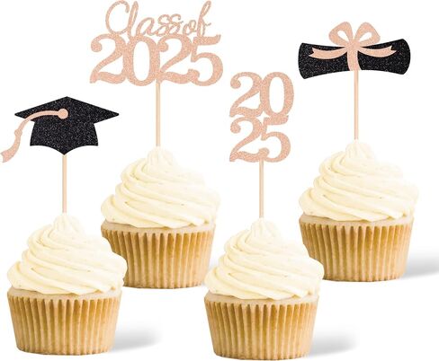 فئة 2025 تخرج التخرج من القبعات الكب كيك ، الدبلوم على الوجهين جراد تراخ الكعكة العليا لحفل التخرج 2025 Cake Picks Decorations (36 PCS ، Rose Gold & Black) in Kuwait