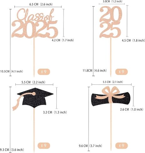 فئة 2025 تخرج التخرج من القبعات الكب كيك ، الدبلوم على الوجهين جراد تراخ الكعكة العليا لحفل التخرج 2025 Cake Picks Decorations (36 PCS ، Rose Gold & Black) in Kuwait