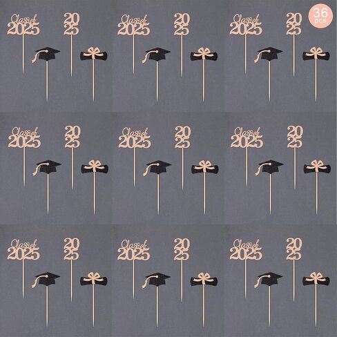 فئة 2025 تخرج التخرج من القبعات الكب كيك ، الدبلوم على الوجهين جراد تراخ الكعكة العليا لحفل التخرج 2025 Cake Picks Decorations (36 PCS ، Rose Gold & Black) in Kuwait