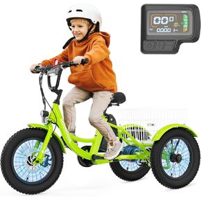 MOONCOOL Electric Tricycle for Youth, 35 Miles 16IN 3.0 Fat Tire Electric Trike, 3 Wheels Electric Bicycle Bikes, 250W Aluminum Frame Electric Tricycle Etrike with Removable Battery and Basket