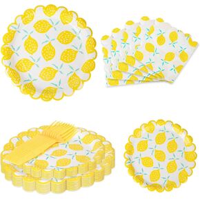 102 Pcs Lemon Party Decorations,Heavy Duty Yellow Paper Plates for Baby Shower Decorations,Lemon Paper Plates Napkins Forks for 24 Guests