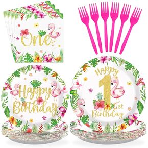 96 Pcs Flamingo 1st Birthday Party Supplies Disposable Flamingo Plates and Napkins Tableware Set Luau Tropical Hawaiian Party Decor for Summer Girls Kids One Year Old Birthday Party Serves 24