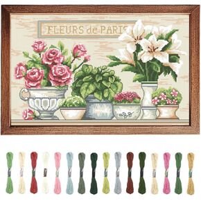 FREEBLOSS Flamingo Cross Stitch Kit Stamped Cross Stitch Wall Hanging Kit for Adults with Instructions Classical Flowers Pure Cotton Cloth Embroidery Kits for Beginnrs No Frame 14 * 20"