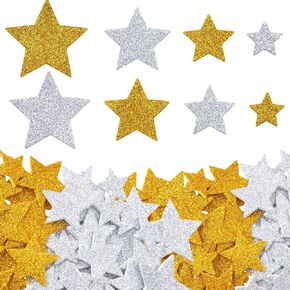 100PCS Glitter Foam Star Stickers, 4 Sizes Self Adhesive Craft Star Stickers, Sparkle Small Foam Star Decals, Classic Decorations Supplies for Parties, Christmas, Scrapbook - Gold, Silver