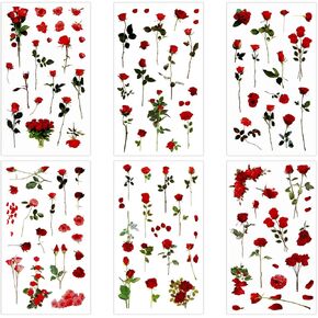 6 Sheets Rose Stickers, Waterproof Transparent Flower Stickers, Vintage Red Flower Themed Decals for DIY Crafts Scrapbook Supplies Card Making Journaling Envelopes Bottles Decoration