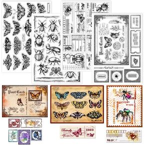 GLOBLELAND 4 Sheets Vintage Postcard Clear Stamps for Card Making Stamp Frame Silicone Clear Stamp Insect Moths Butterfly Transparent Stamps for DIY Scrapbooking 8.27x5.83inch