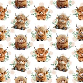 Cute Baby Highland Cows Fabric, by The Yard - 43" Wide | 100% Cotton (1, 1 Yard pre Cut)