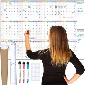 Large Dry Erase Calendar for Wall 46"x33" Rolled (No Creases) 12 Months Erasable Thick Undated Laminated Reusable Wall Planner Home Office School