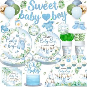 201PCS Greenery Baby Boy Shower Decorations Tableware Set, 25 Serves Disposable Plates and Napkins Set, with 2pcs Tablecloth, Cake Topper, Banner, Balloons for Baby Shower Decorations Boy