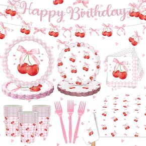 Cherry Party Decorations - Cherry Birthday Decorations Serves 24 Includes Cherry Paper Plates, Napkins, Cups, Forks, Tablecloth, Banner, for Cherry Themed Party Decorations in Kuwait