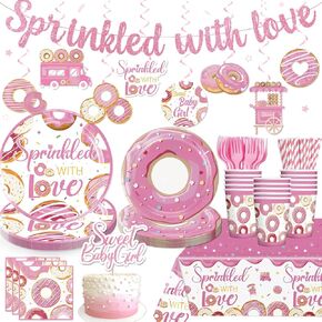 140pcs Baby Sprinkle Decorations for Girl, Disposable Paper Tableware Includes Pre-threaded Banner 40 Plates 2 Tablecloths, 20-pack Tableware Suitable for Sprinkled with Love Baby Shower