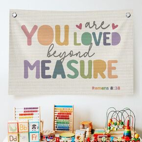 QROZIAR Christian Bible Verses Wall Decor Flags for Bedroom, Inspirational Scripture Hanging Canvas Banner Decor, You Are Loved Beyond Measure, Religious Wall Flags for Nursery Baby Boys Kids Room, 30x20 inches