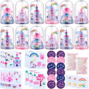 12 Set Unicorn Snow Globe Craft Kits Make Your Own Plastic Glitter Snow Globes Rainbow Castle Unicorn Crafts Bulk for Home DIY Activities Birthday Party Favors