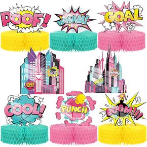 8 Pcs Pink Hero Girl Party Supplies Hero Honeycomb Action Sign Table Topper Centerpiece Paper Cardboard Cutouts for Happy Birthday Baby Girl Shower Party Favor