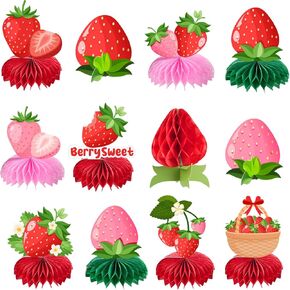 Sweet Strawberry Party Decorations, 12 Pcs Red Pink Strawberry Honeycomb Centerpieces Decor Table Topper for Spring Summer Strawberries Theme Party Birthday Baby Shower Decorations Supplies