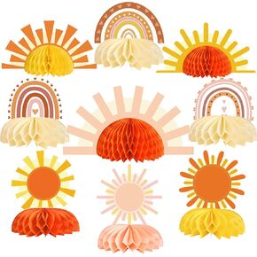9pcs Boho Sun Honeycomb Centerpieces, First Trip Around The Sun Decorations, Boho Rainbow Sunrise Party Decorations, Sunshine Birthday Table Toppers for Baby Shower Supplies